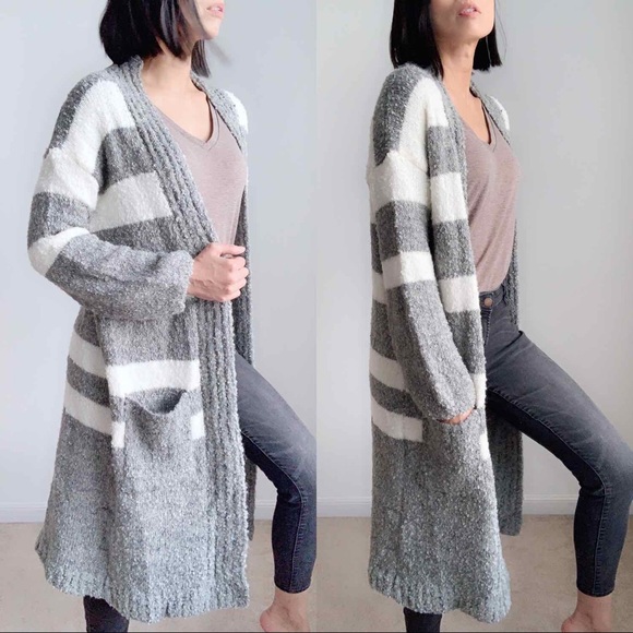 WOOL BLEND OPEN FRONT LONG KNIT CARDIGAN WITH POCKETS - WHITE GRAY COLOR BLOCK - Picture 2 of 5